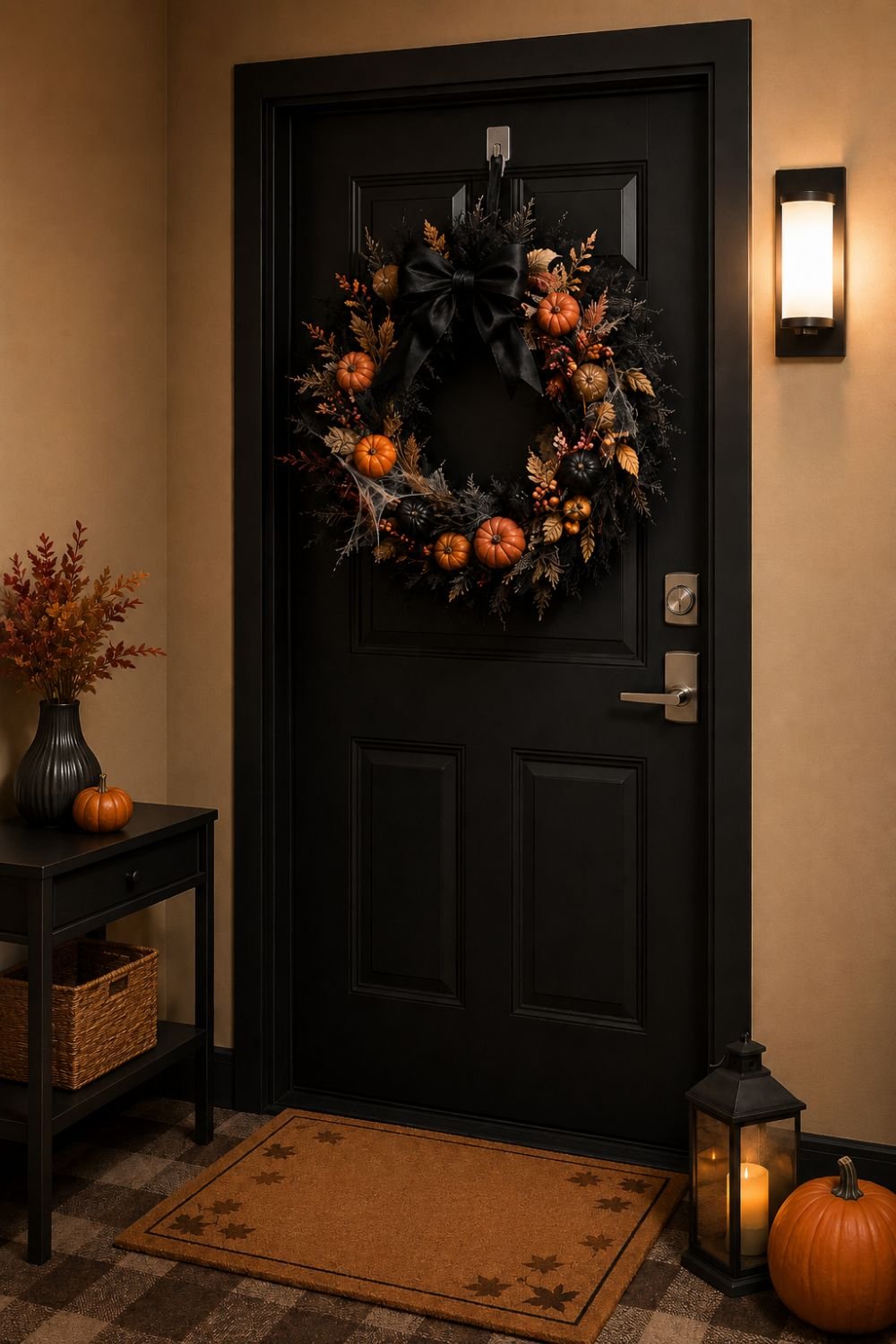 command hook wreath small apartment halloween decor idea