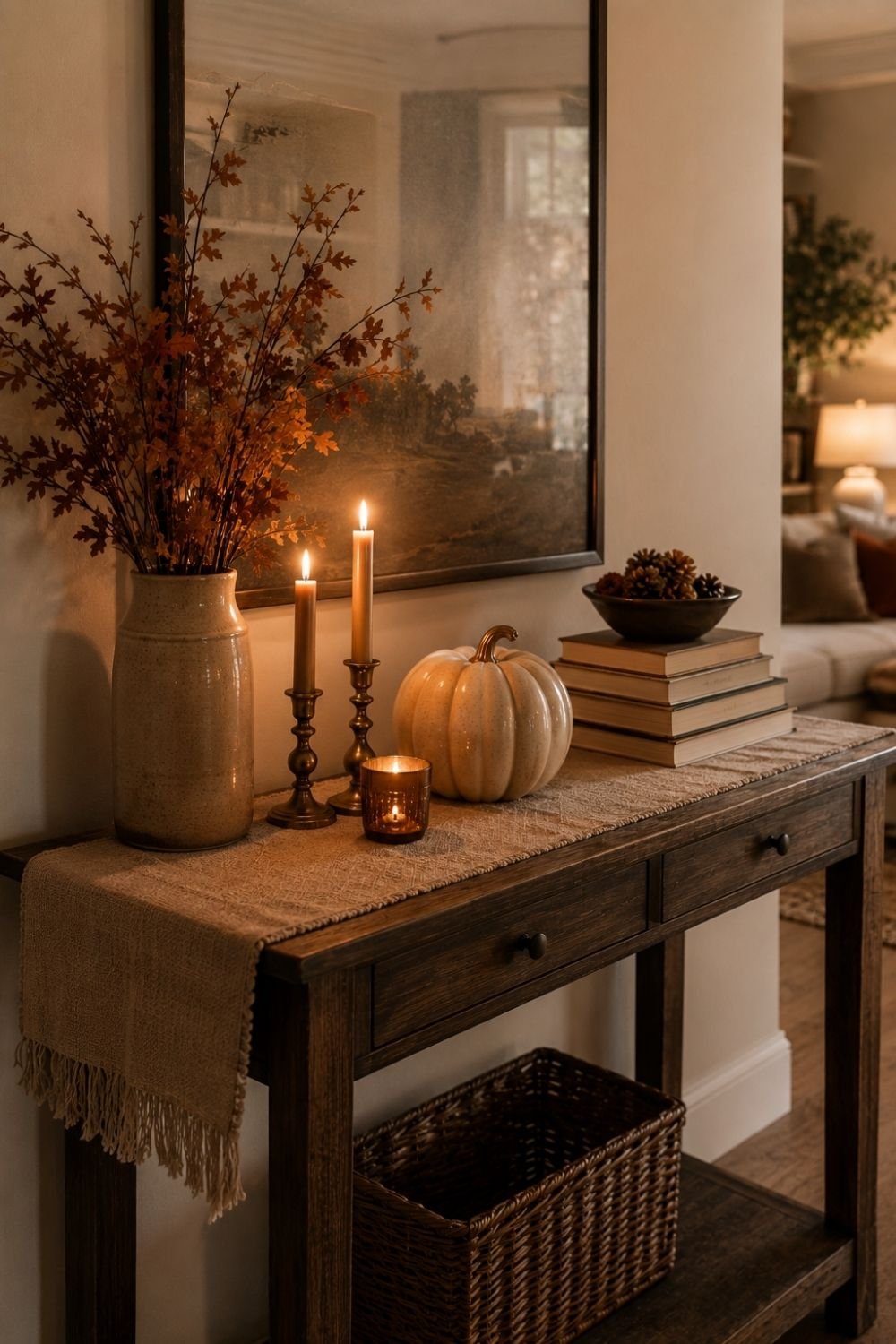 console runner thanksgiving living room decor idea