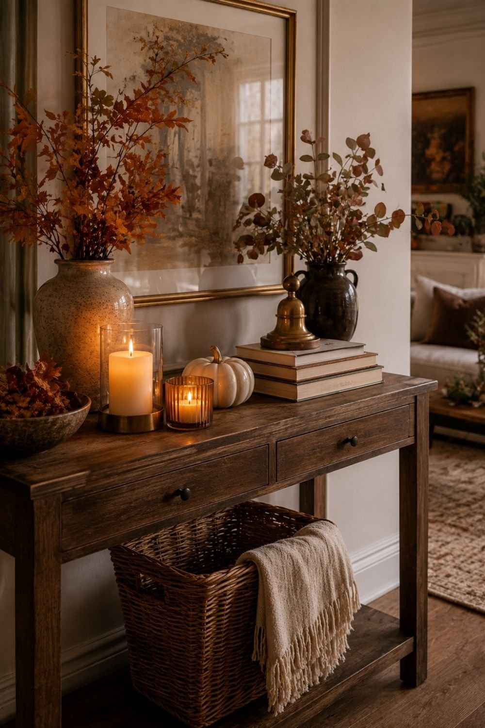 console vignette thanksgiving living room decor idea