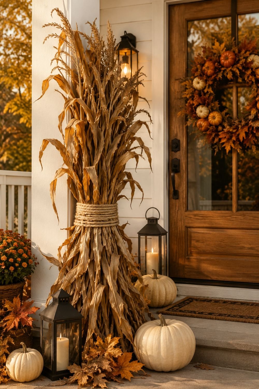 corn stalks fall porch decor idea