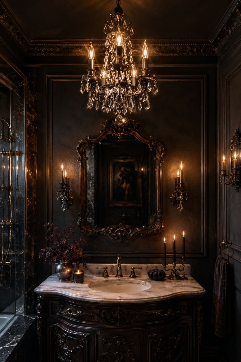 crystal chandelier gothic halloween bathroom decor idea
