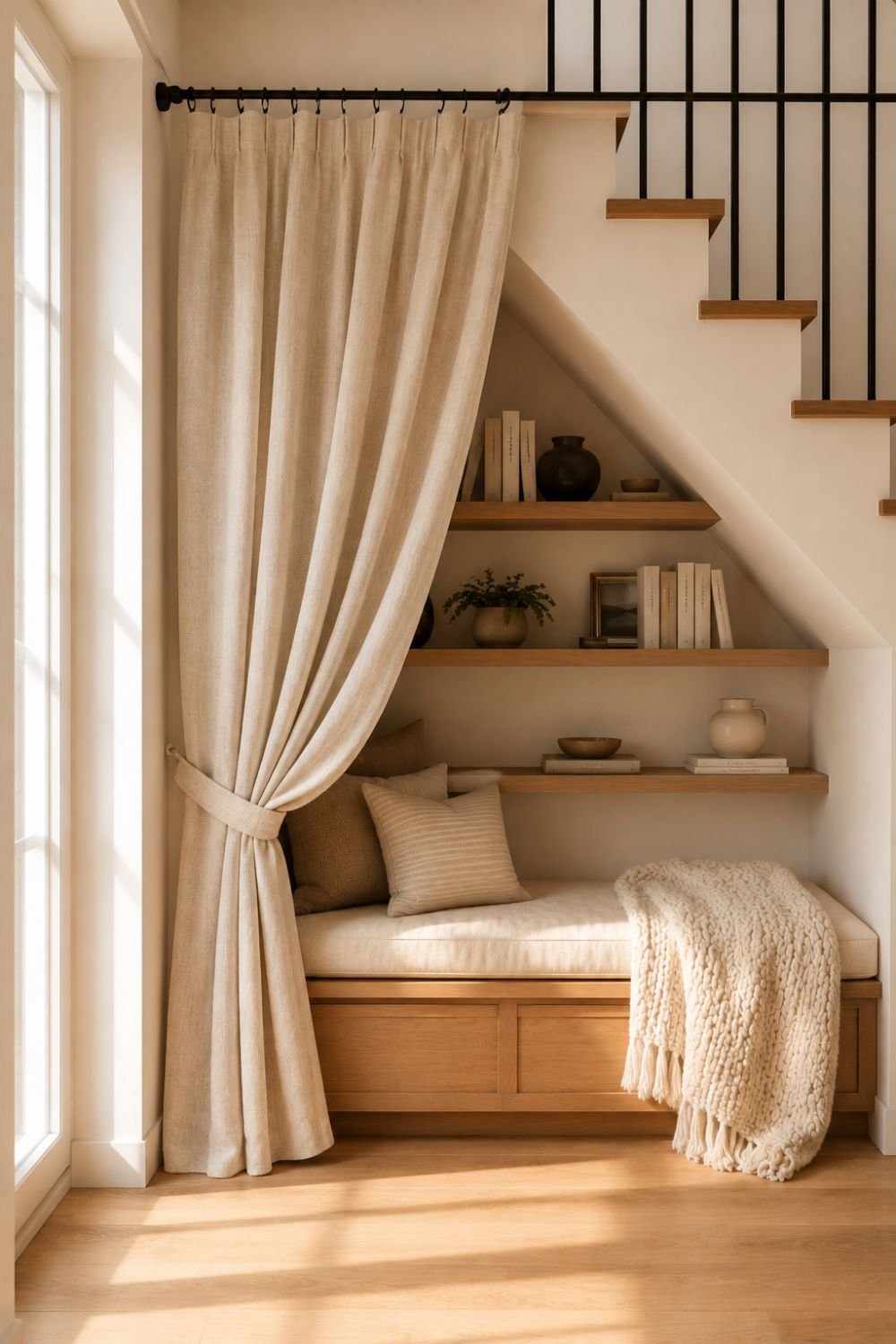 curtain under stairs nook idea