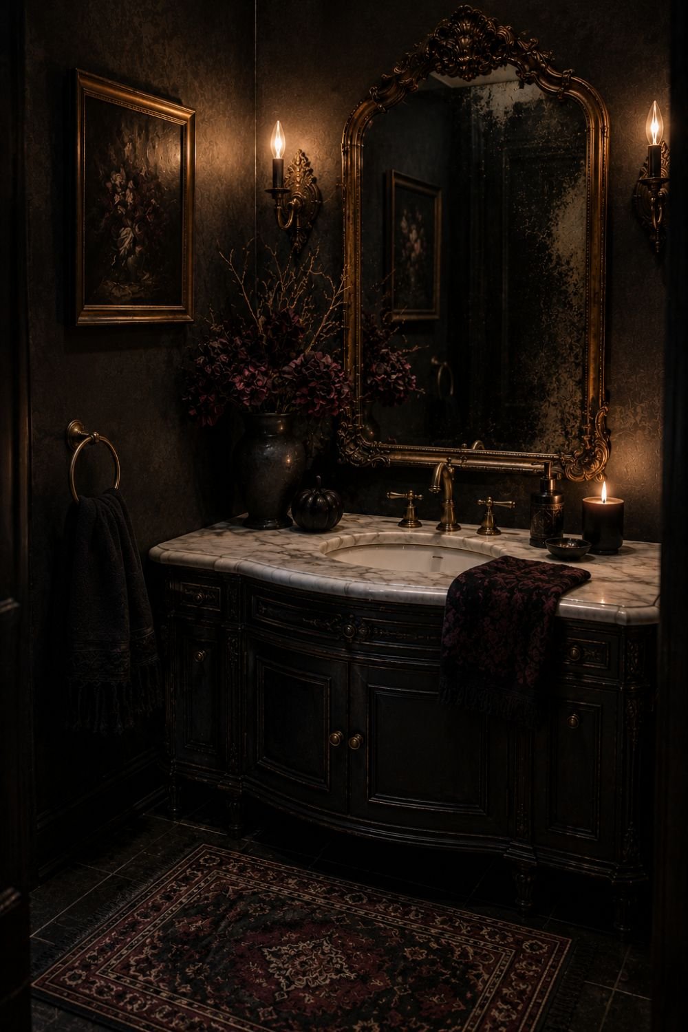 dark rug halloween powder room idea