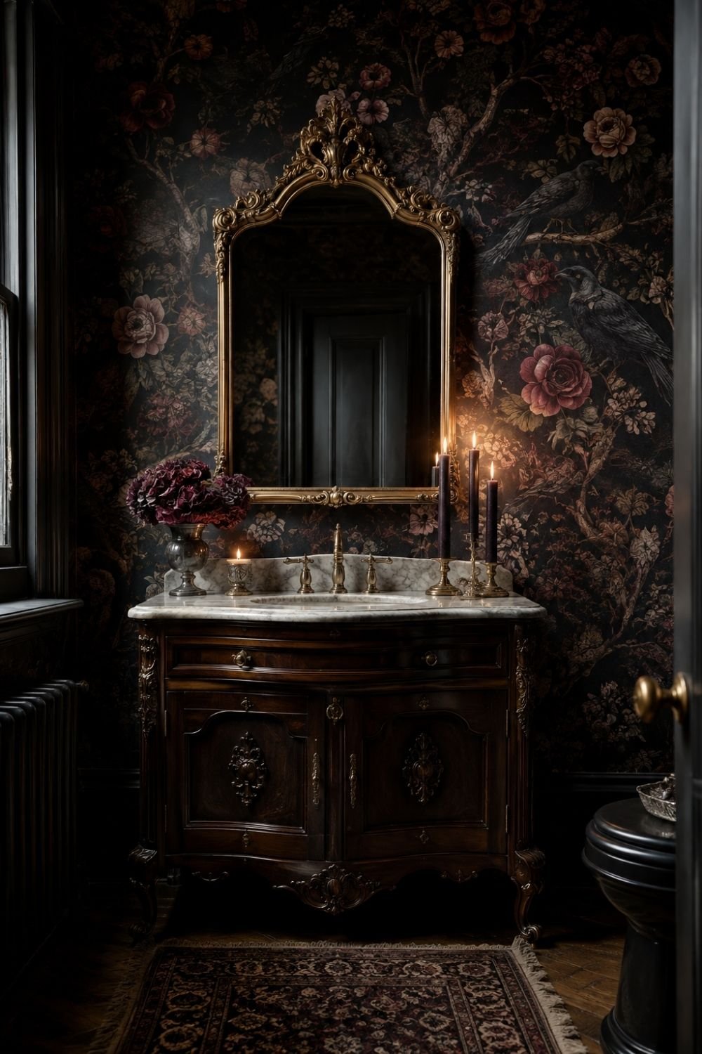 dark wallpaper gothic halloween bathroom decor idea