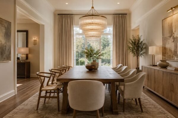dining room decor ideas that look expensive with high curtains and chandelier