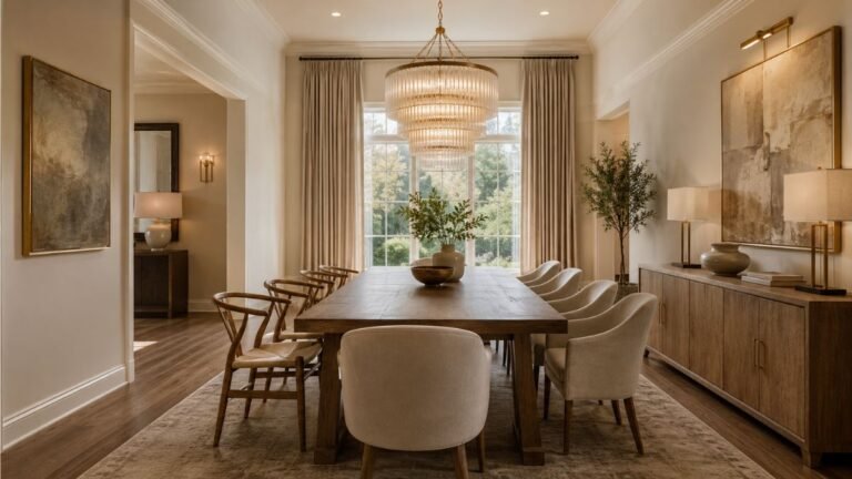 dining room decor ideas that look expensive with high curtains and chandelier