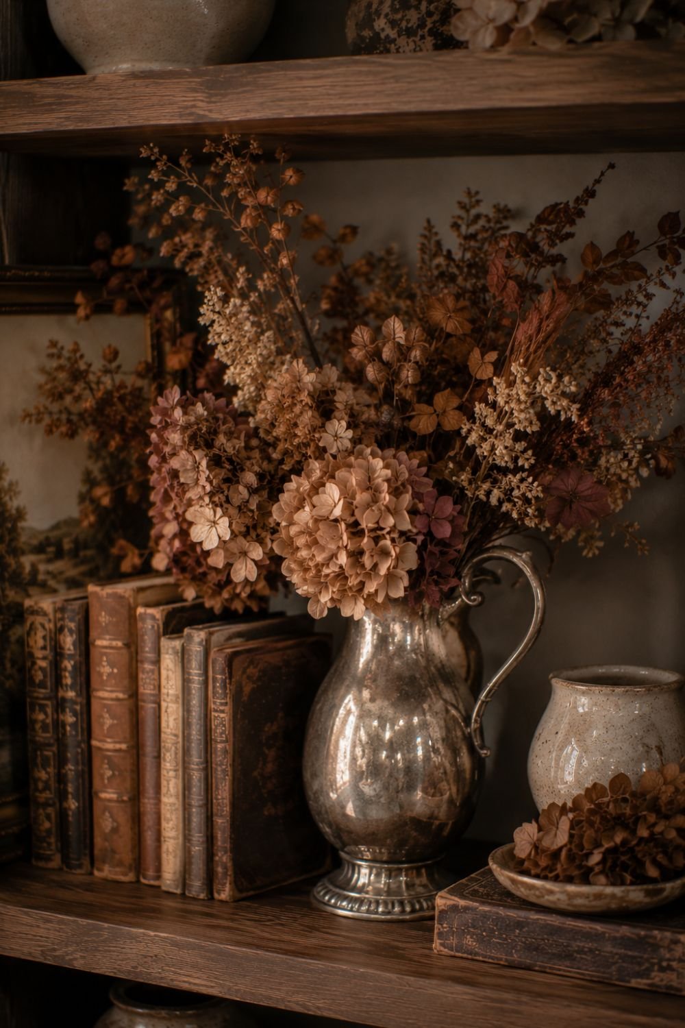 dried florals tarnished vessel fall shelf styling idea