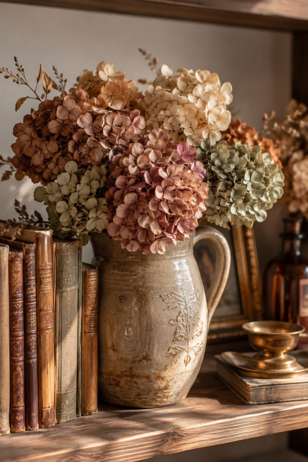  dried hydrangeas fall shelf styling idea