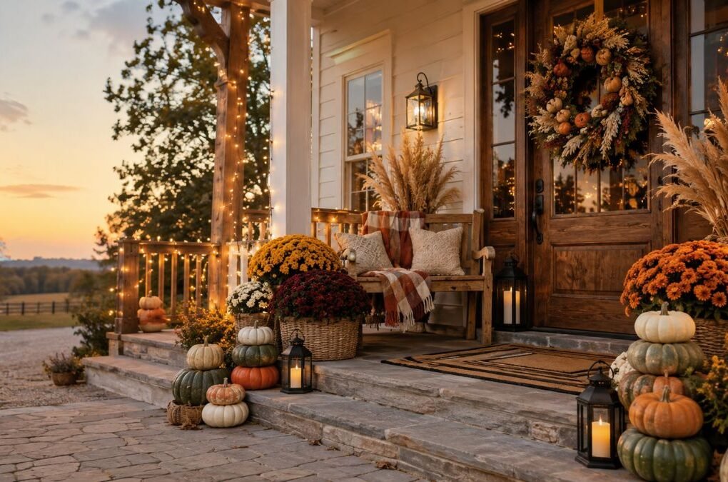 fall porch decor ideas with pumpkins and plaid throw
