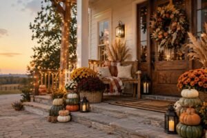 fall porch decor ideas with pumpkins and plaid throw