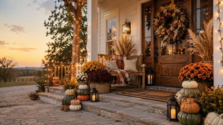 fall porch decor ideas with pumpkins and plaid throw