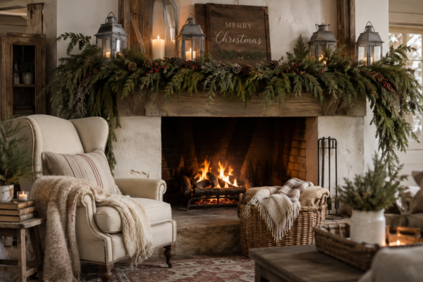 farmhouse christmas decor ideas with pine garland and wood sign