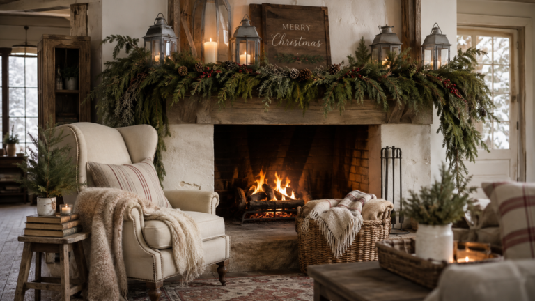 farmhouse christmas decor ideas with pine garland and wood sign