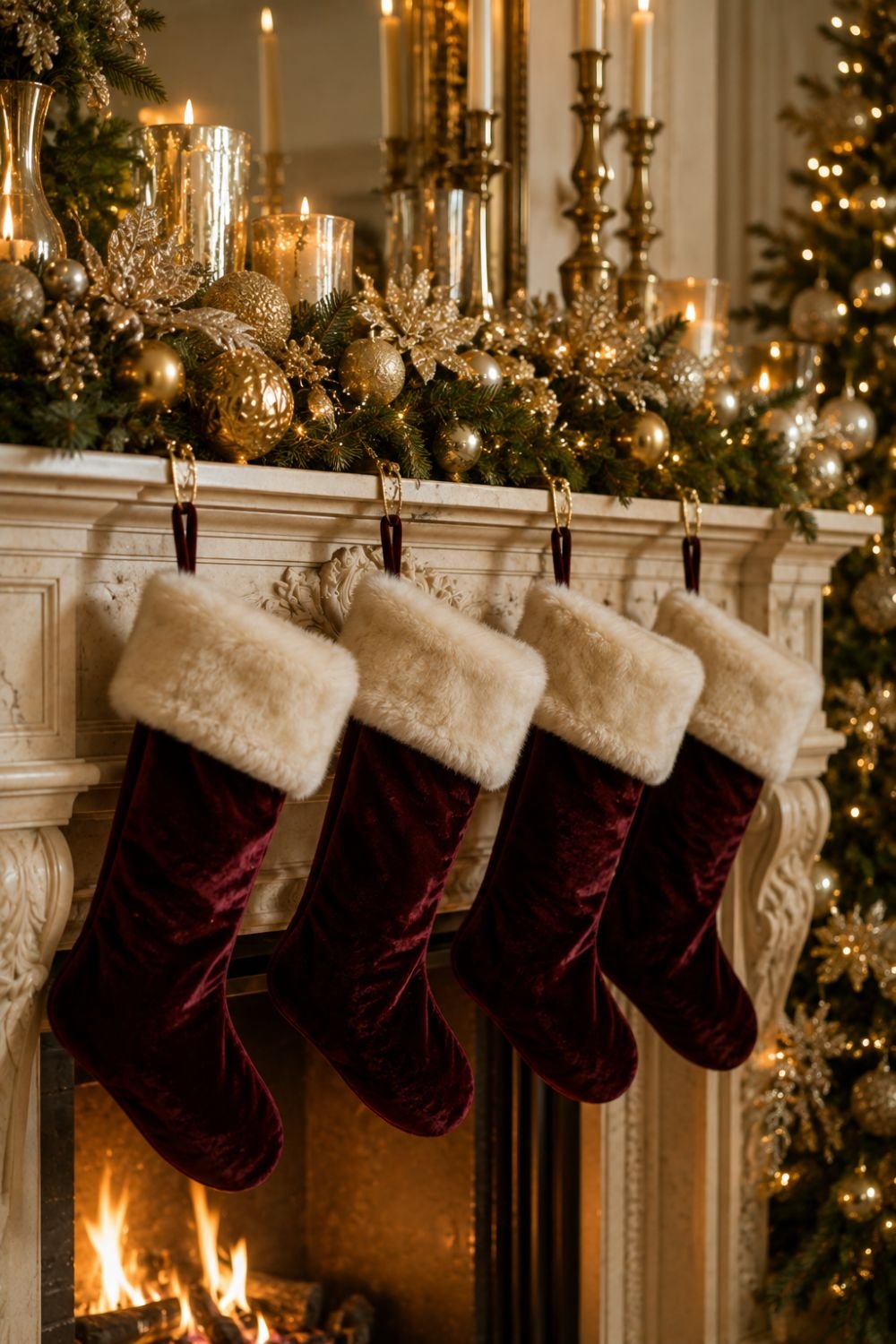 faux fur stockings glam christmas decorating idea