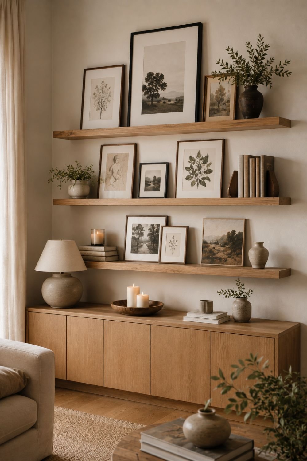 floating shelf gallery wall idea