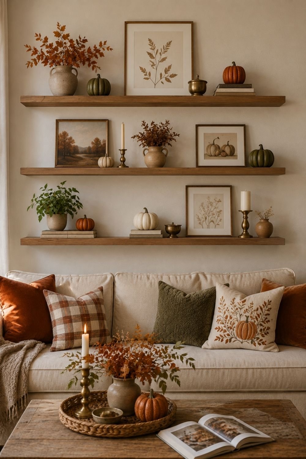 floating shelves thanksgiving living room decor idea