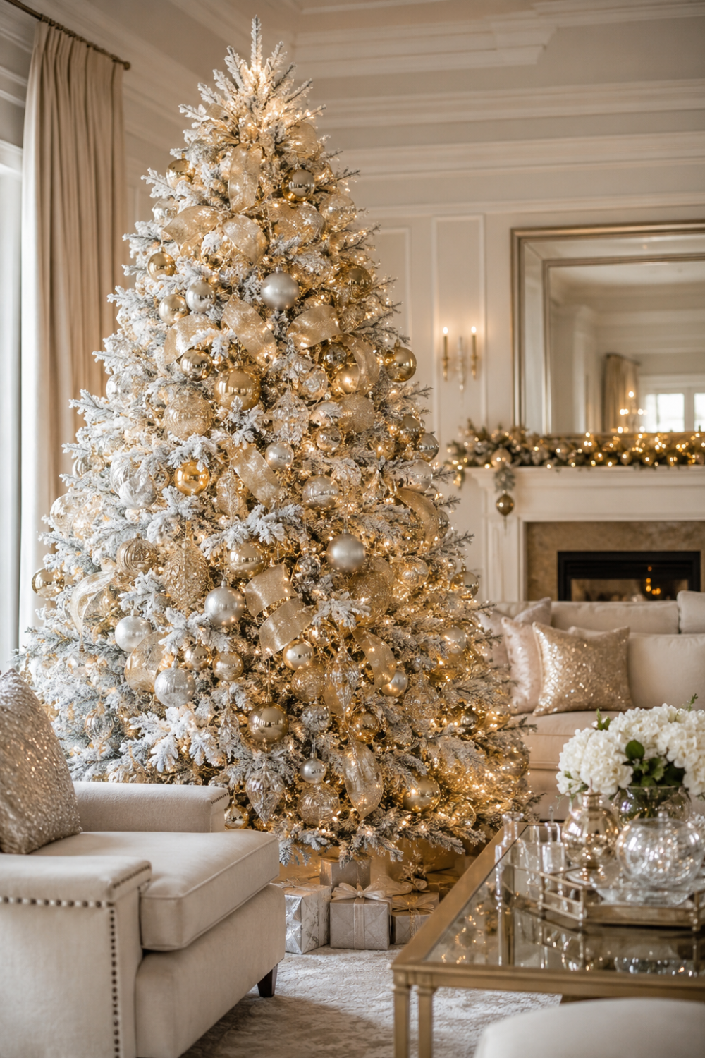 flocked tree glam christmas decorating idea