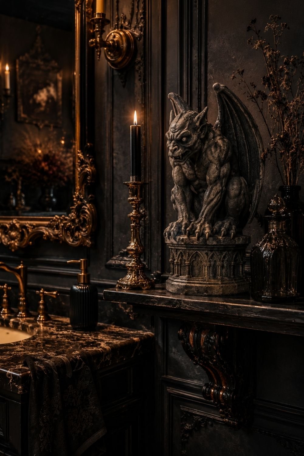 gargoyle accent gothic halloween bathroom decor idea
