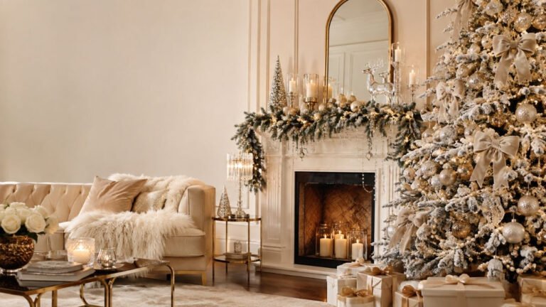 glam christmas decorating ideas with flocked tree and metallics