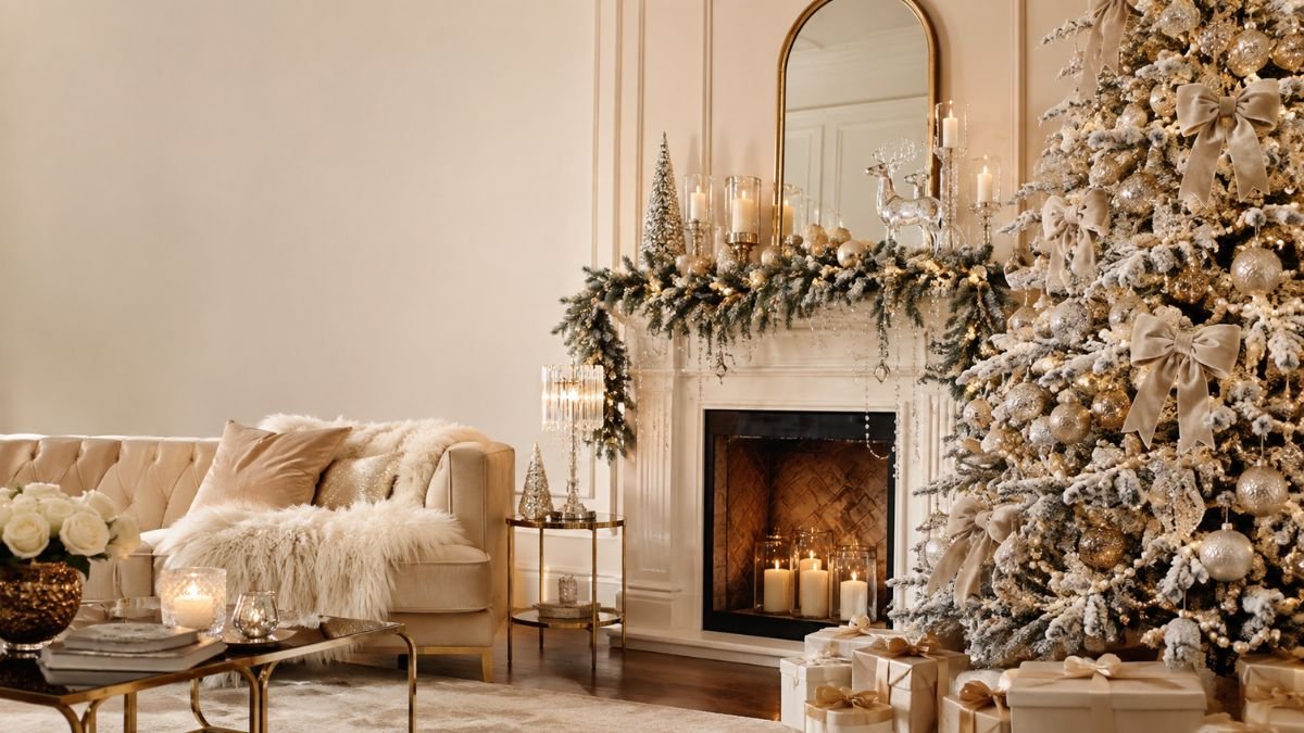 glam christmas decorating ideas with flocked tree and metallics