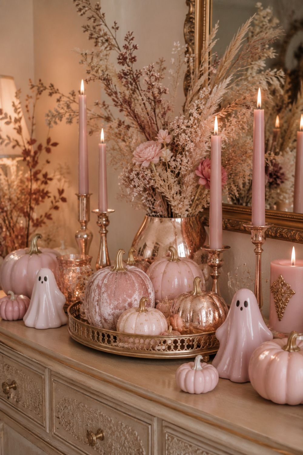 gold accents pastel pink halloween decor idea