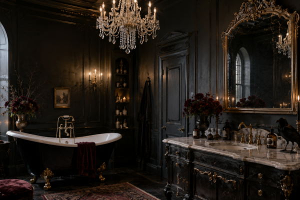 gothic halloween bathroom decor ideas with black walls and chandelier