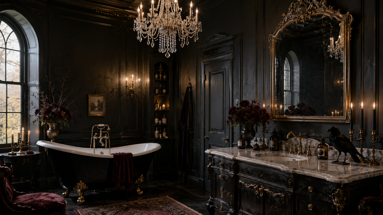 gothic halloween bathroom decor ideas with black walls and chandelier