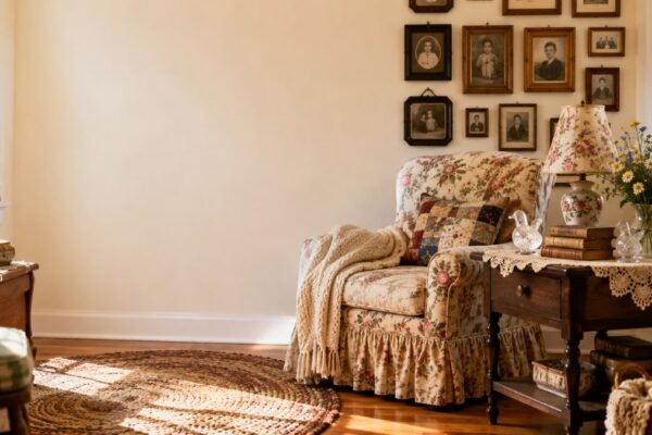 grandmacore decor ideas with skirted chair and braided rug