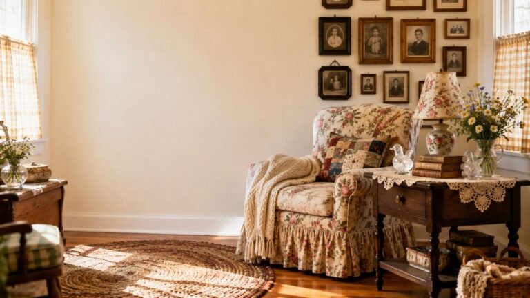 grandmacore decor ideas with skirted chair and braided rug