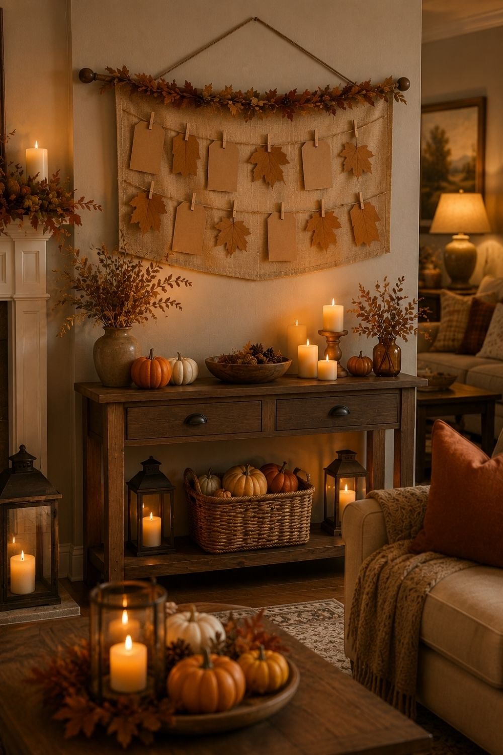 gratitude banner thanksgiving living room decor idea