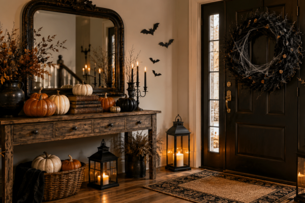 halloween entryway decor ideas with pumpkins and candlelit lanterns