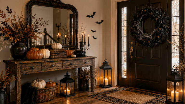 halloween entryway decor ideas with pumpkins and candlelit lanterns