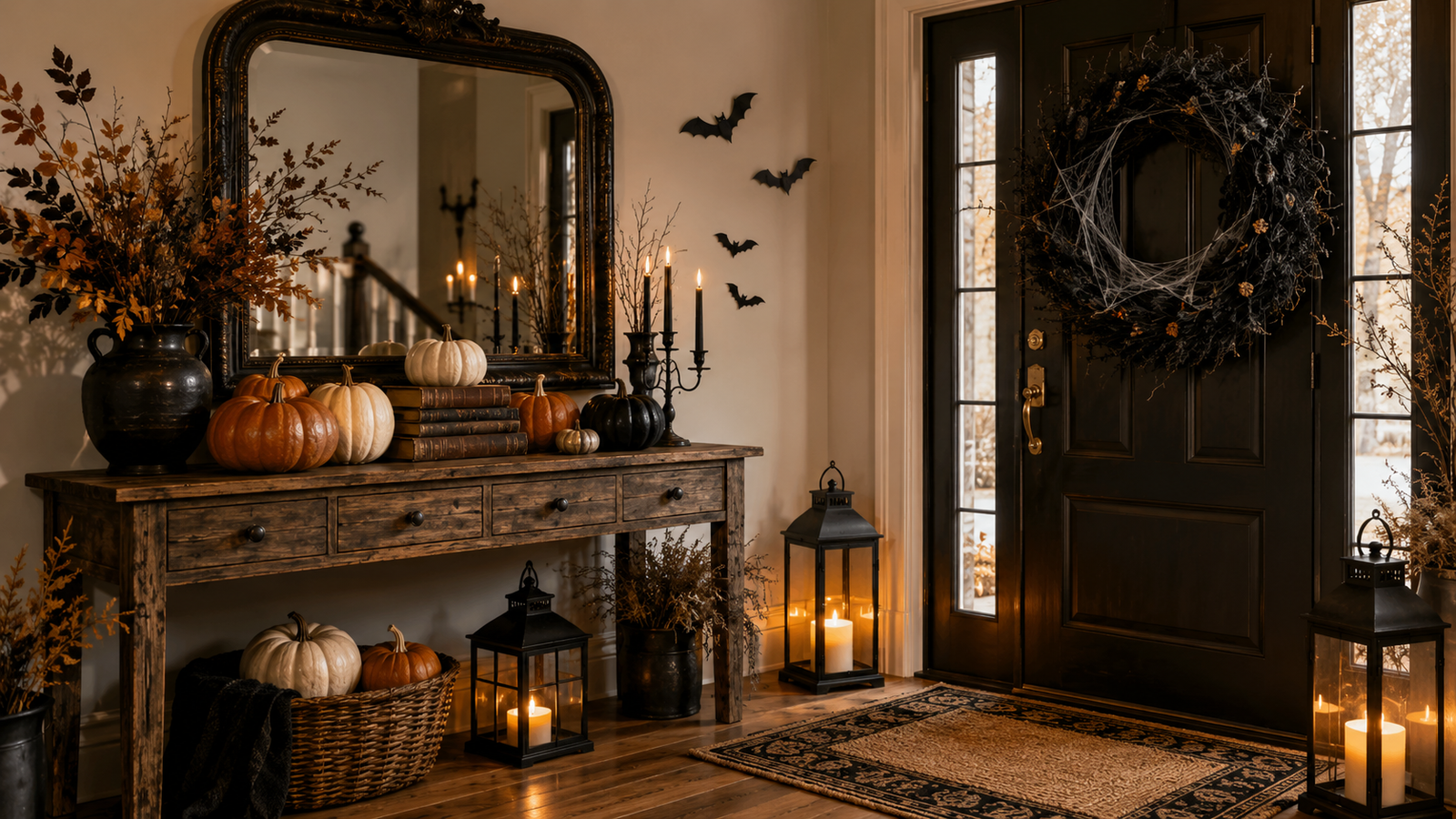 halloween entryway decor ideas with pumpkins and candlelit lanterns