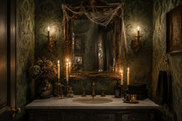 halloween powder room decor ideas with moody wallpaper and candles