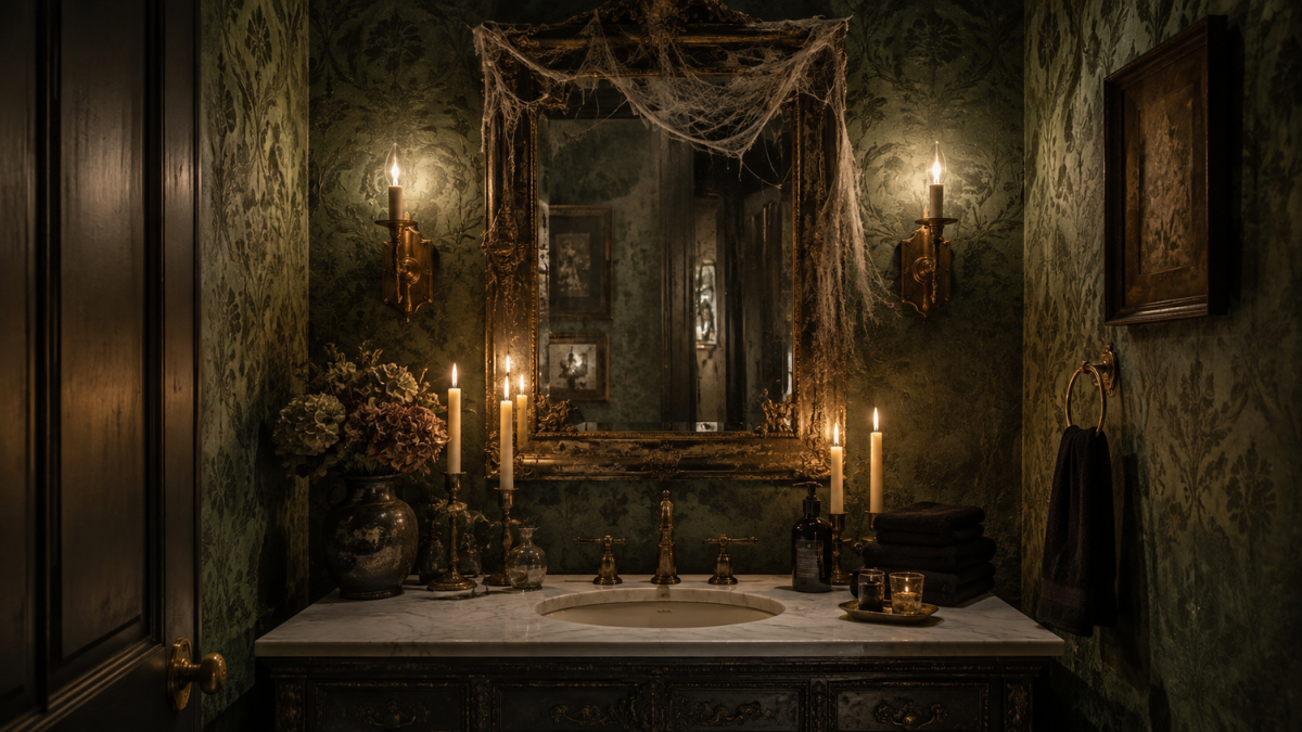 halloween powder room decor ideas with moody wallpaper and candles