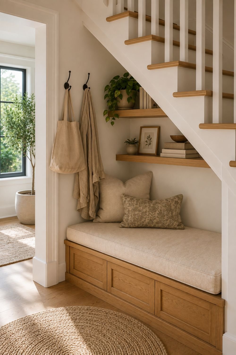 hooks under stairs nook idea