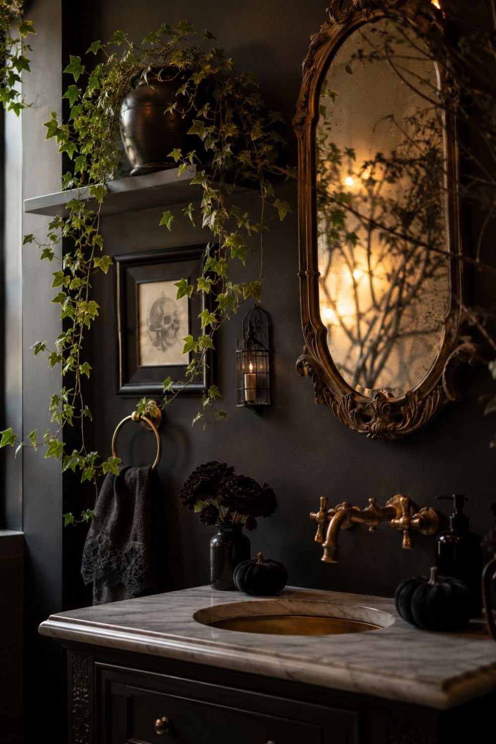 ivy plant halloween powder room idea