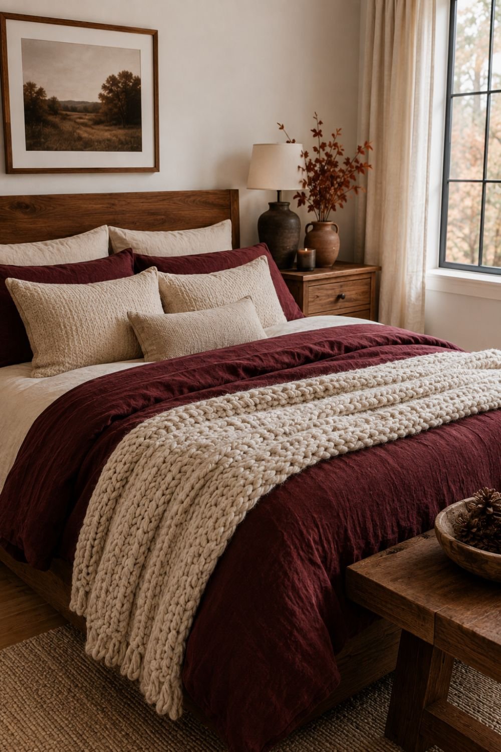 knit texture burgundy bedroom decor idea