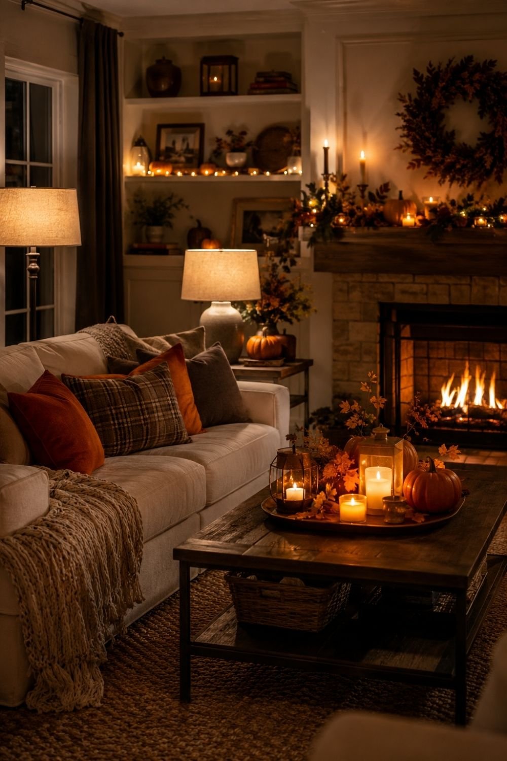 layered lighting thanksgiving living room decor idea