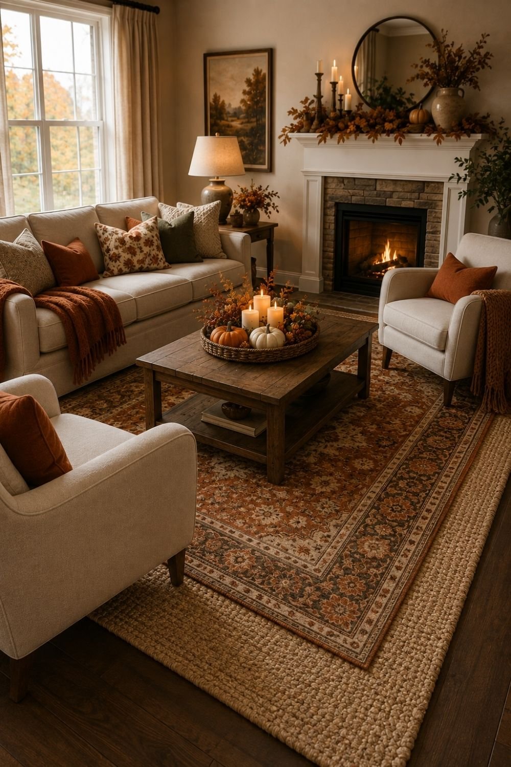 layered rug thanksgiving living room decor idea