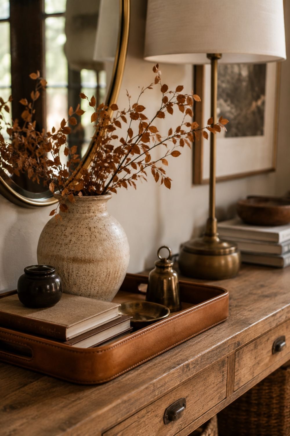  leather accent no-pumpkin fall entryway idea