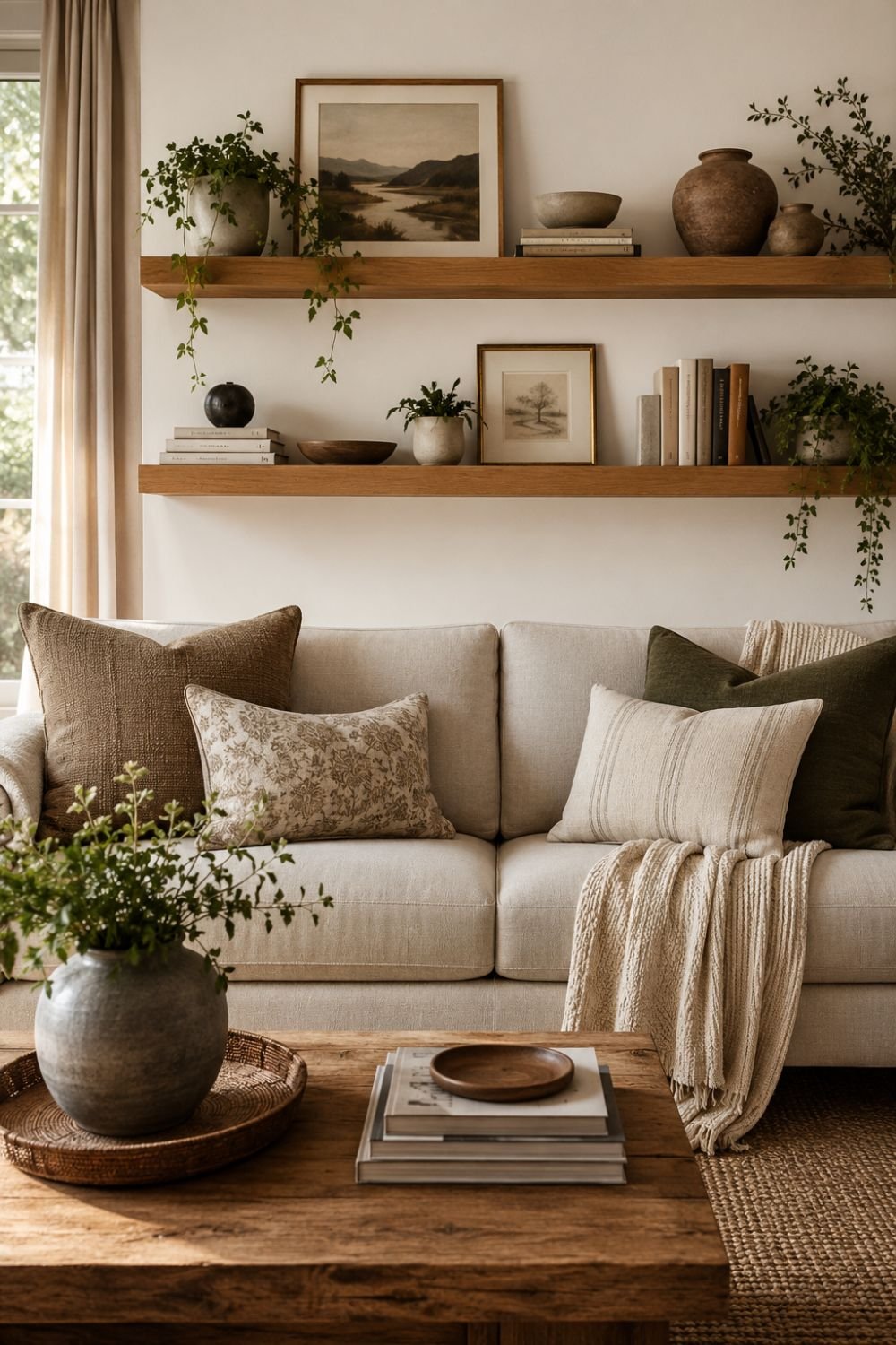 floating shelves living room wall decor idea