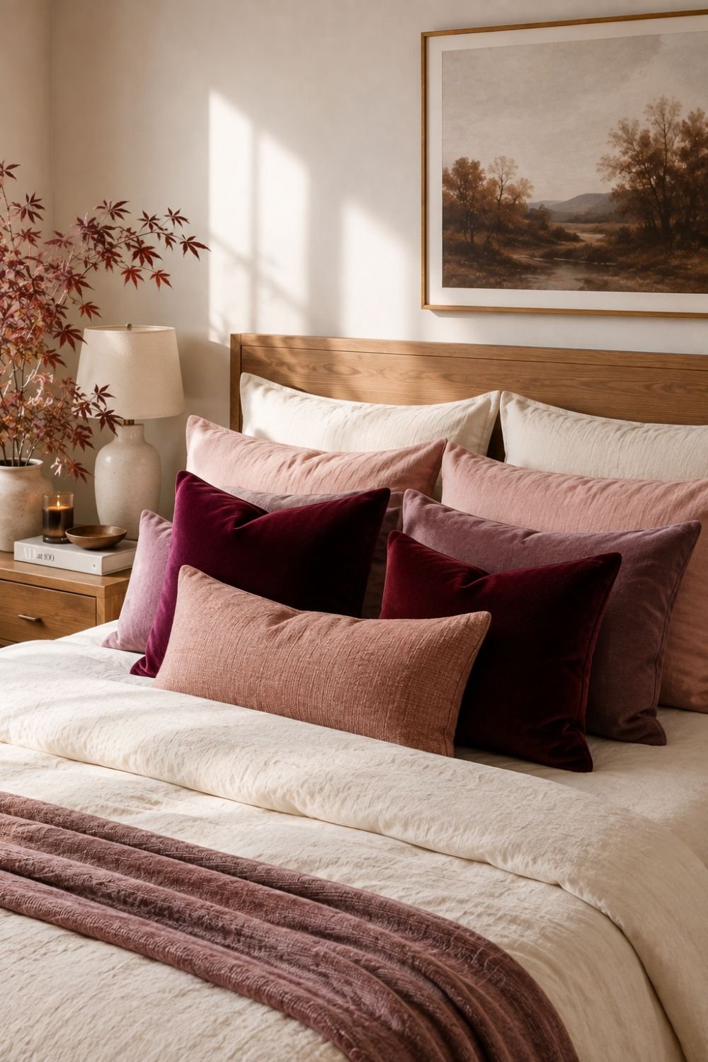 mauve accent burgundy bedroom decor idea