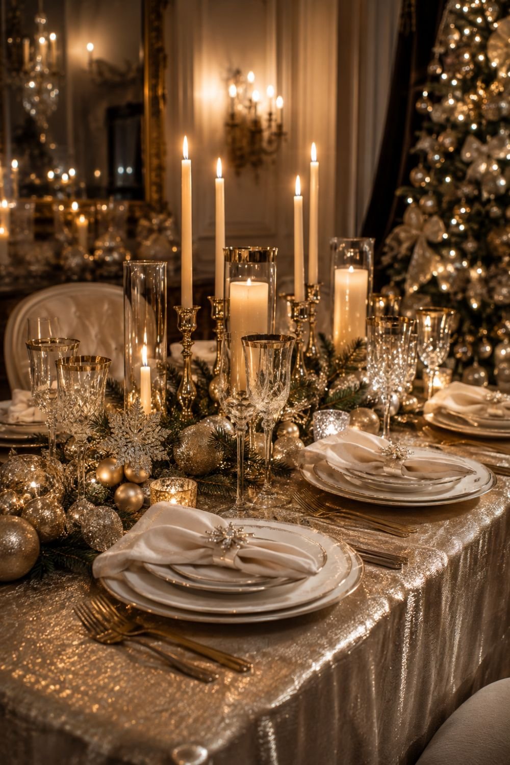 metallic tablecloth glam christmas decorating idea