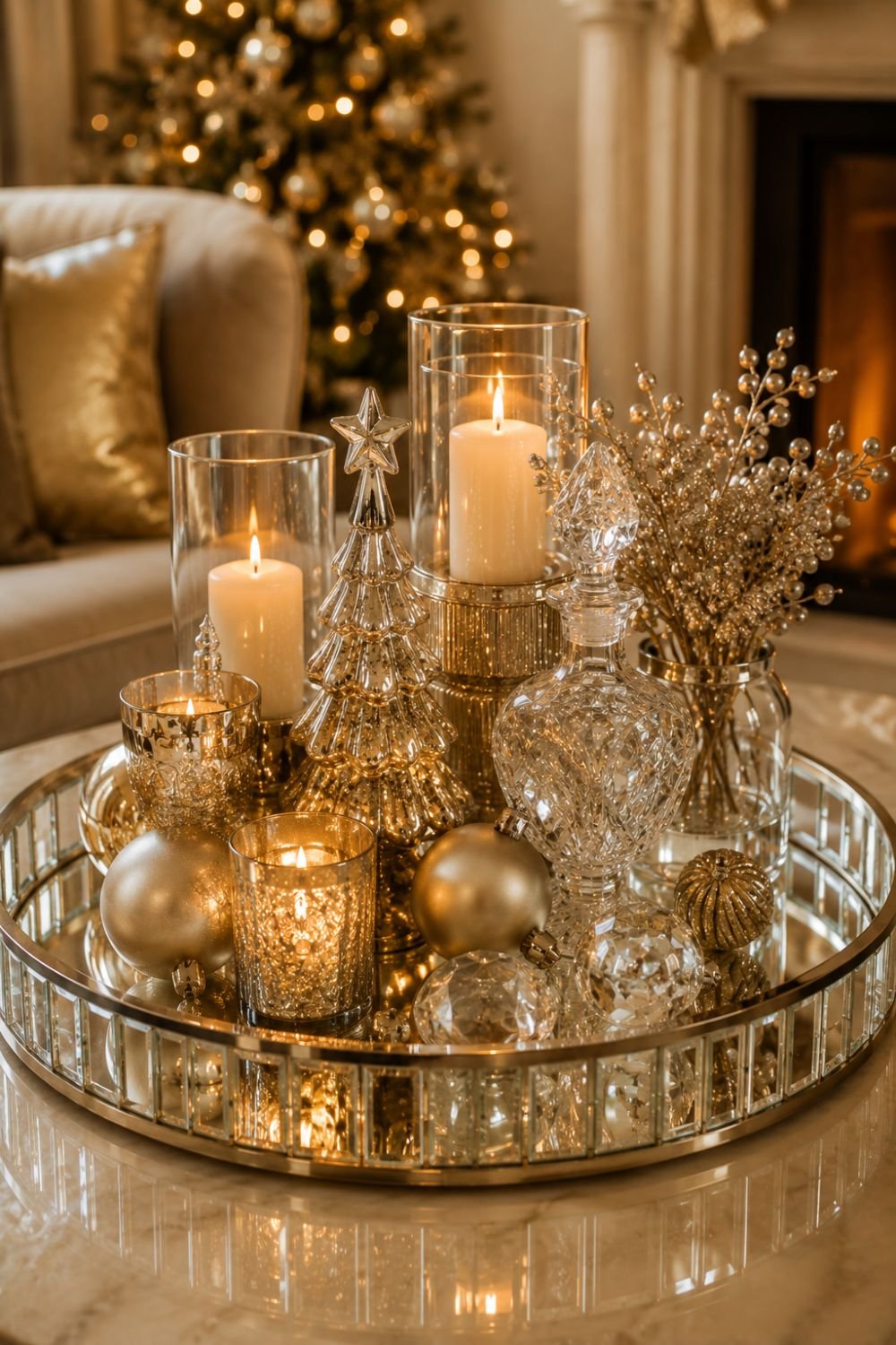 mirrored tray glam christmas decorating idea