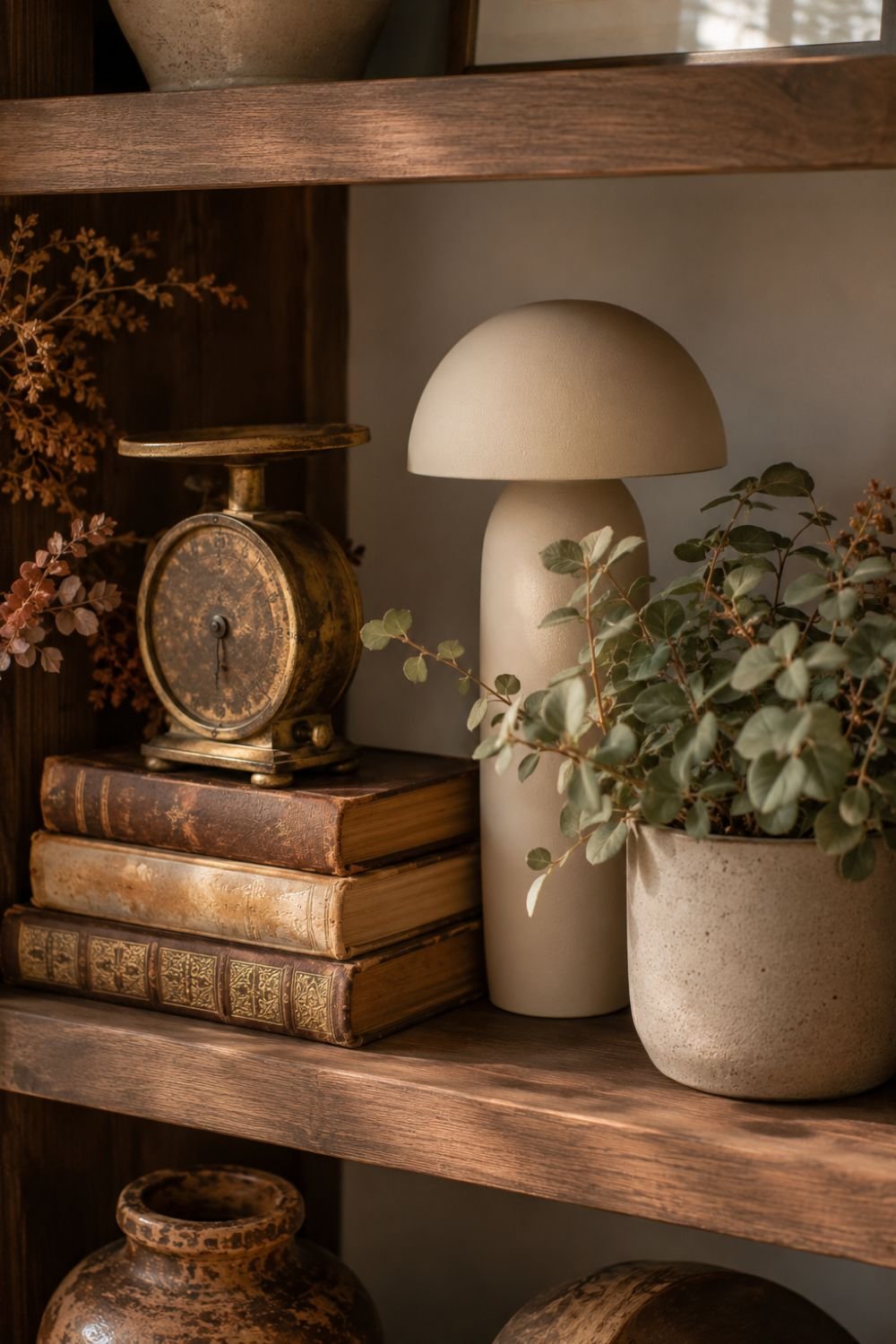 mixed vintage modern fall shelf styling idea
