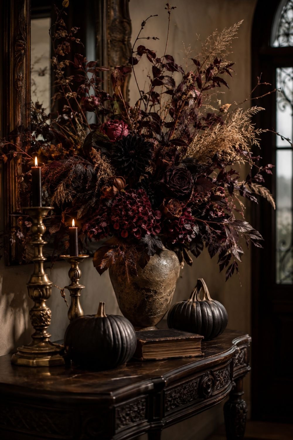 moody florals halloween entryway decor idea