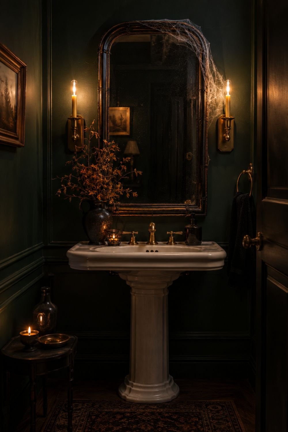  moody wall color halloween powder room idea