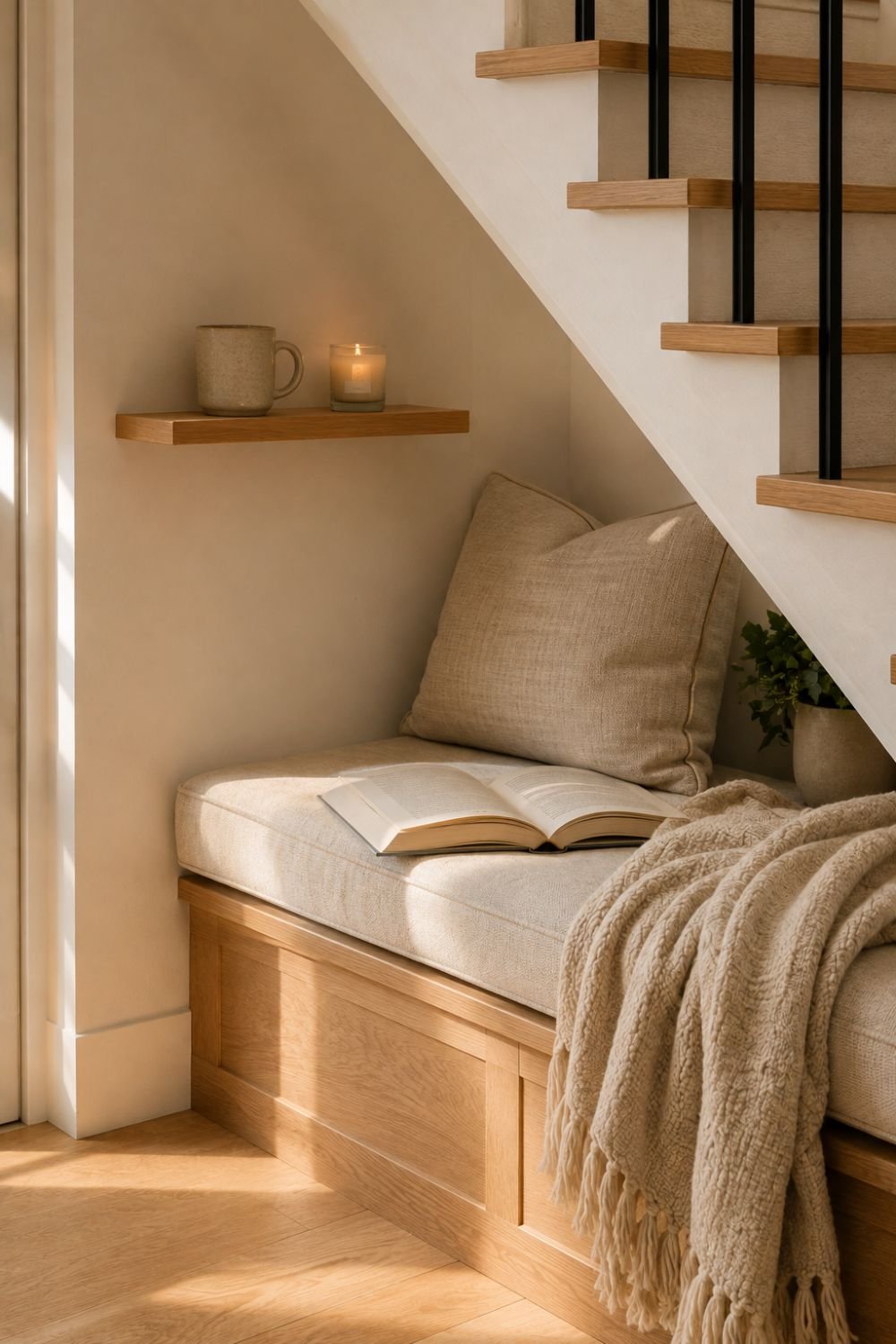 mug shelf under stairs nook idea