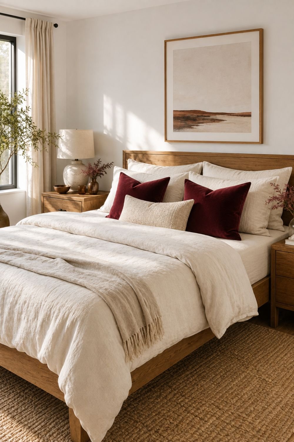 neutral bedding burgundy accent bedroom decor idea